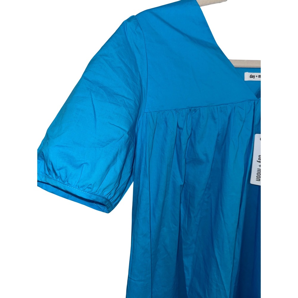Day + Moon Blue Cotton Poplin V-Neck Puff Sleeve Midi Dress Large NEW - Picture 3 of 5